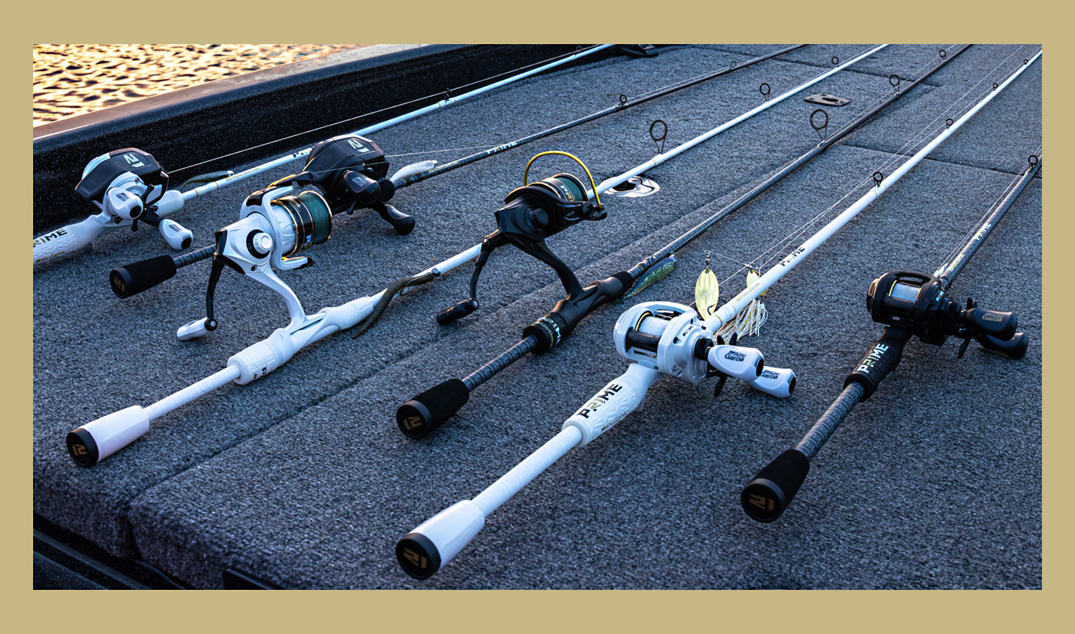 Fishing rods with white handles on a textured surface